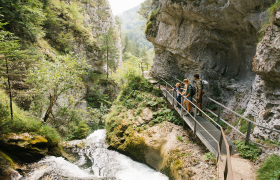 Wandern, Familie, Trefflingfall, Naturpark Ötscher Tormäuer, Mostviertel, © Niederösterreich Werbung/Andreas Jakwerth Ein malerischer Wanderweg schlängelt sich entlang des rauschenden Wassers, umgeben von üppigem Grün und majestätischen Felsen. Familien genießen die frische Luft und die atemberaubenden Ausblicke auf die Natur, während sie die Schönheit des Naturparks Ötscher Tormäuer entdecken.