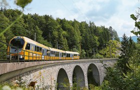 Mariazellerbahn, © weinfranz.at Ein gelber Zug der Mariazellerbahn fährt über eine Steinbrücke in einer bewaldeten Landschaft.