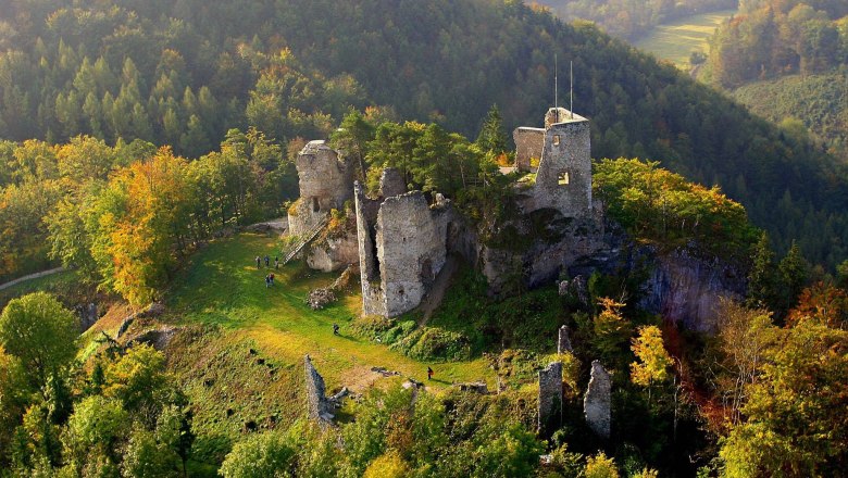 Burgruine_Rabenstein, © zVg Auer Luftaufnahme der Burgruine Rabenstein umgeben von Wald im Herbst.