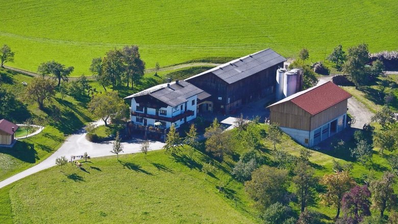 Luftaufnahme eines Bauernhofs mit gr&uuml;nen Wiesen und B&auml;umen.