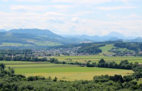 Panorama einer gr&uuml;nen Landschaft mit H&uuml;geln, Feldern und einem Fluss.