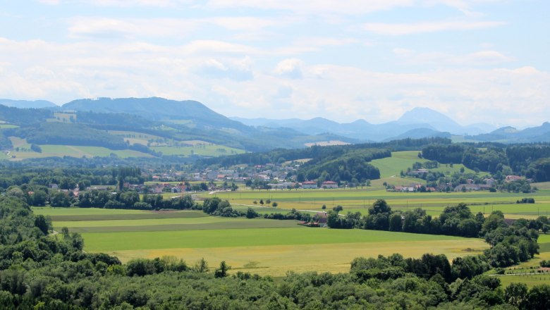 Panorama einer gr&uuml;nen Landschaft mit H&uuml;geln, Feldern und einem Fluss.