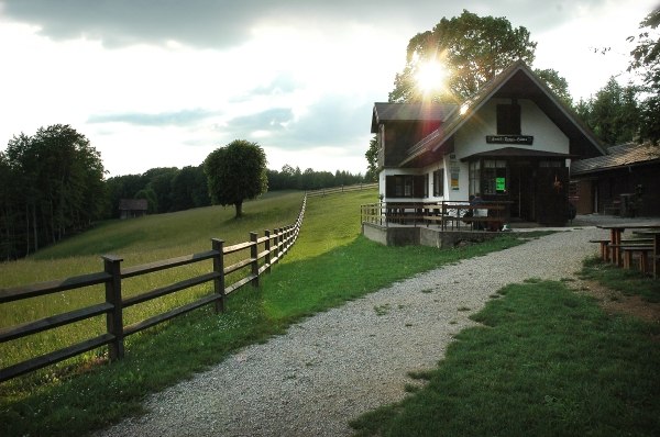 Josef Franz Hütte, © zVg Bernhard Karner Eine Hütte auf einer Wiese mit einem Weg und Holzzaun, Sonnenstrahlen durch die Bäume.