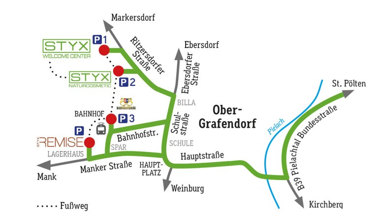 Karte von Ober-Grafendorf mit Straßen und Parkplätzen, zeigt Styx Welcome Center.