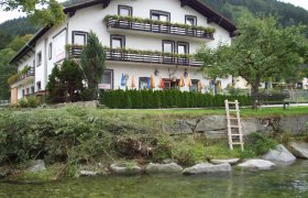 Ein traditionelles Gasthaus mit Balkon und Blumenkästen, umgeben von Bäumen und einem Fluss im Vordergrund.